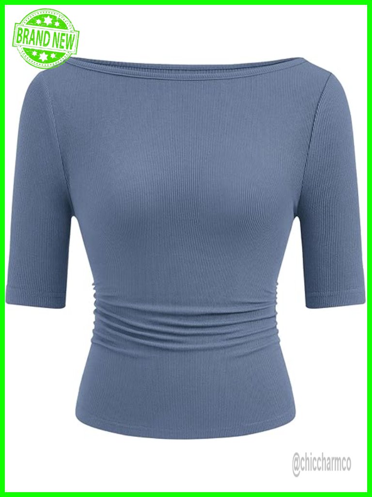Women's Ribbed Knit Boat Neck Short Sleeve Slim Fit T-Shirt